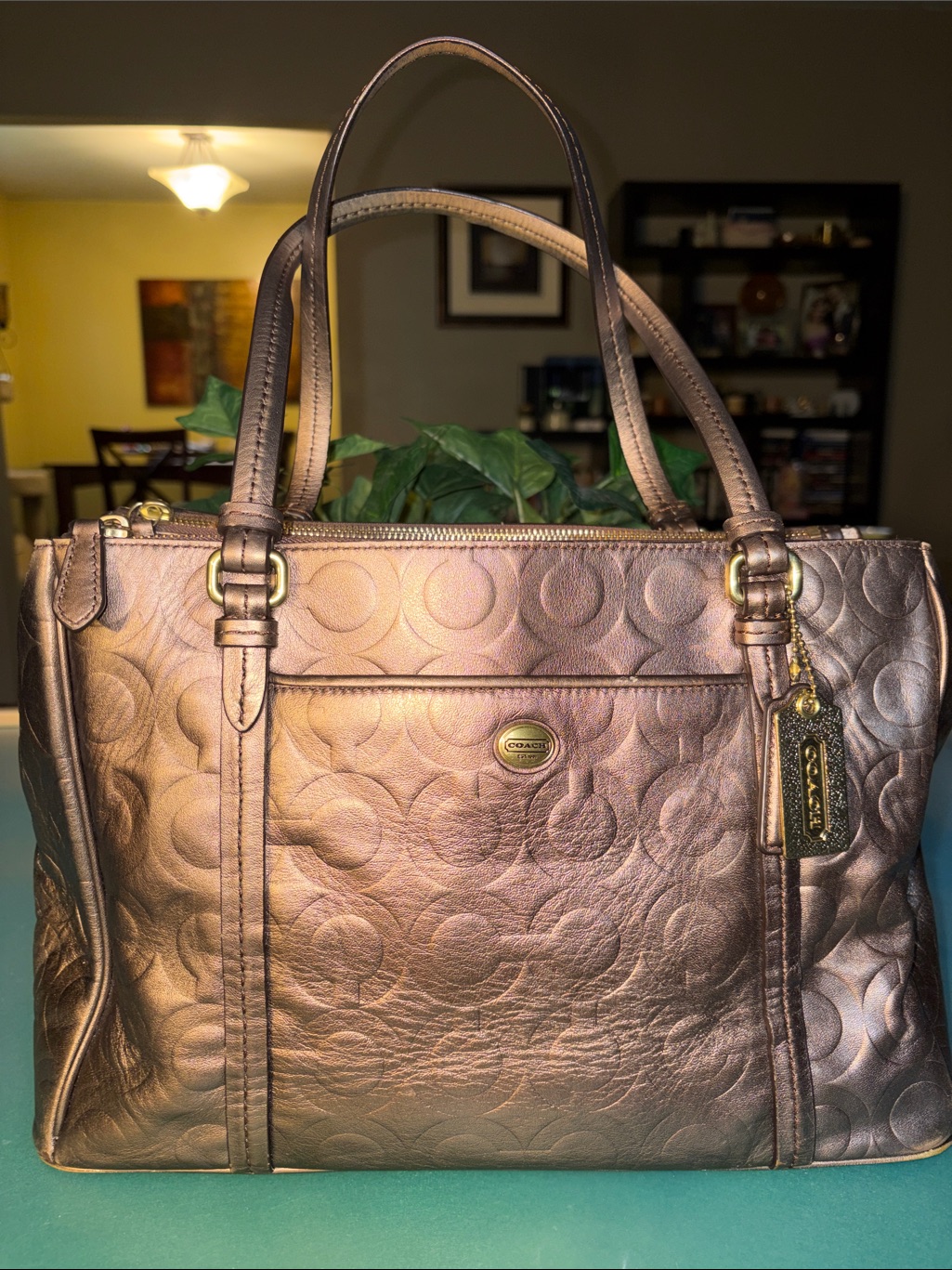 Coach Peyton Carryall Metallic Bronze Signature Leather Tote With Gold Accents